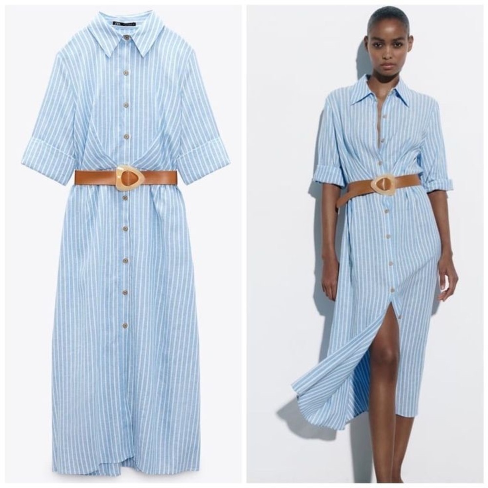 Zara Linen Blend Striped Belted Shirt Dress Size M